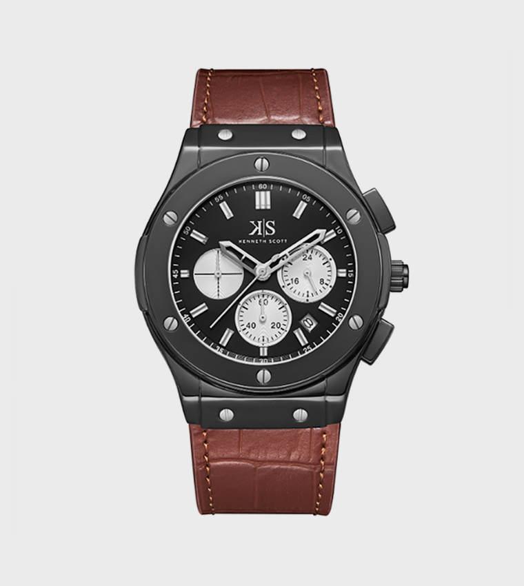 Black Dial Leather Strap Multifunction Watch