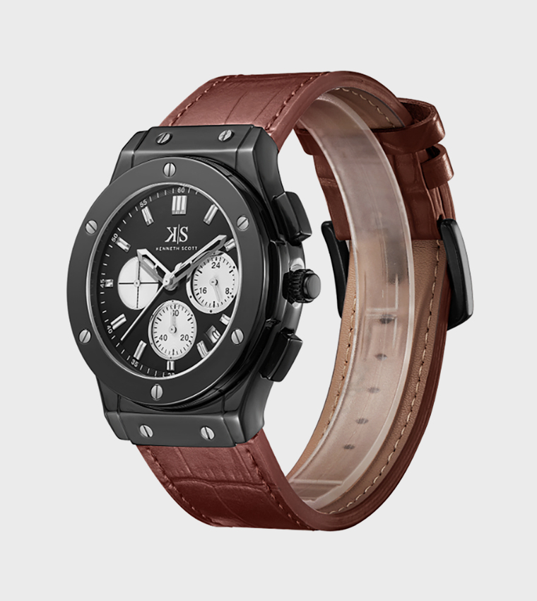 Black Dial Leather Strap Multifunction Watch