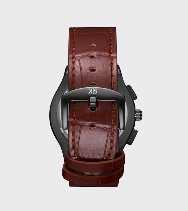 Black Dial Leather Strap Multifunction Watch