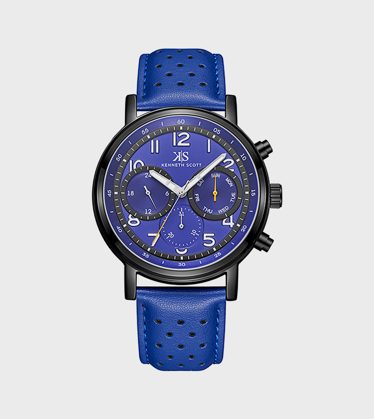 Blue Dial Leather Strap Analog Watch