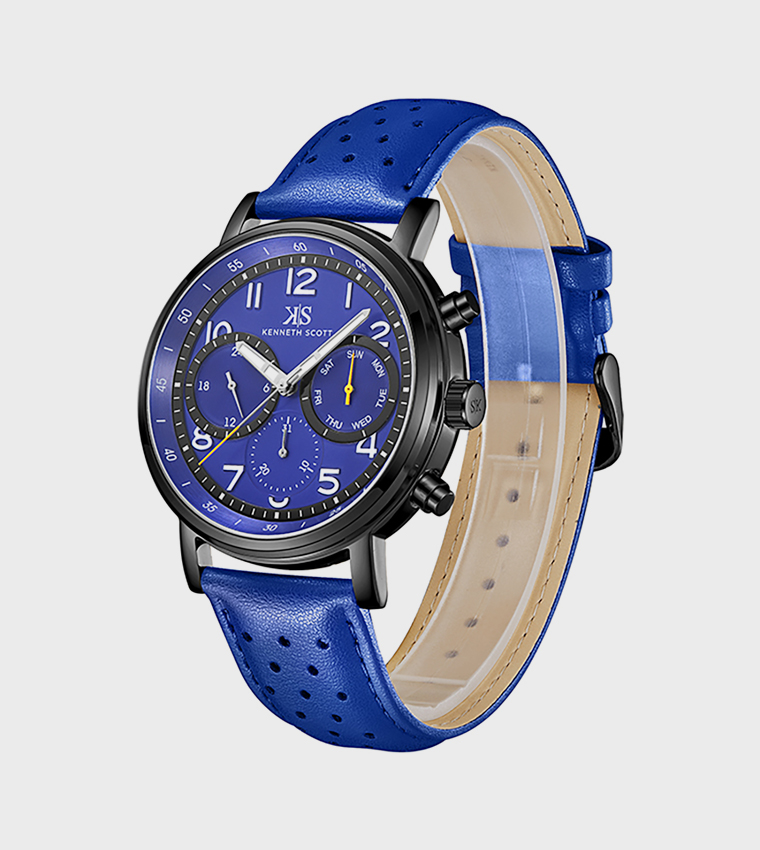 Blue Dial Leather Strap Analog Watch