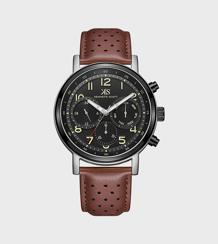 Black Dial Leather Strap Analog Watch