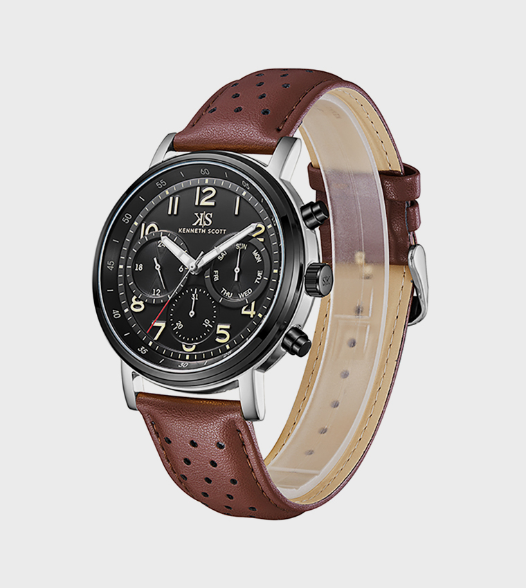 Black Dial Leather Strap Analog Watch