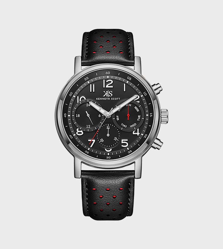 Black Dial Leather Strap Analog Watch
