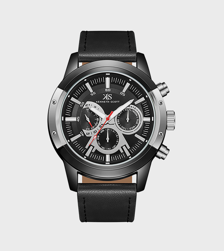 Black Dial Leather Strap Analog Watch