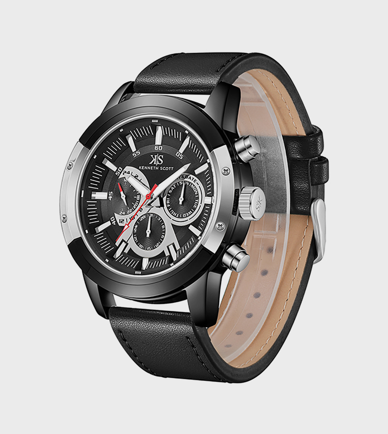 Black Dial Leather Strap Analog Watch