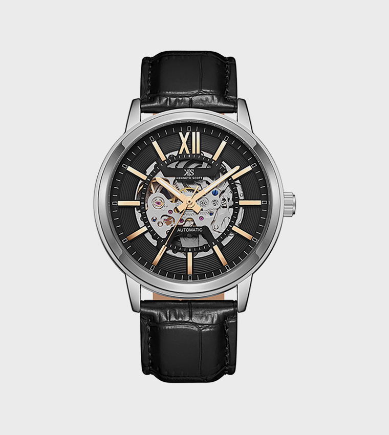 Black Dial Leather Strap Automatic Watch