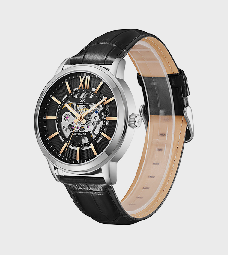 Black Dial Leather Strap Automatic Watch