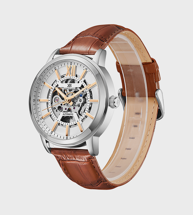 ساعة أوتوماتيكية بإطار أبيض وسوار جلدي