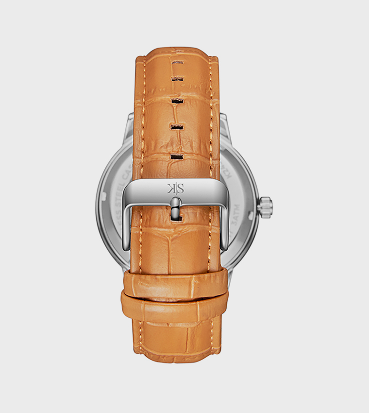 ساعة أوتوماتيكية بإطار أبيض وسوار جلدي