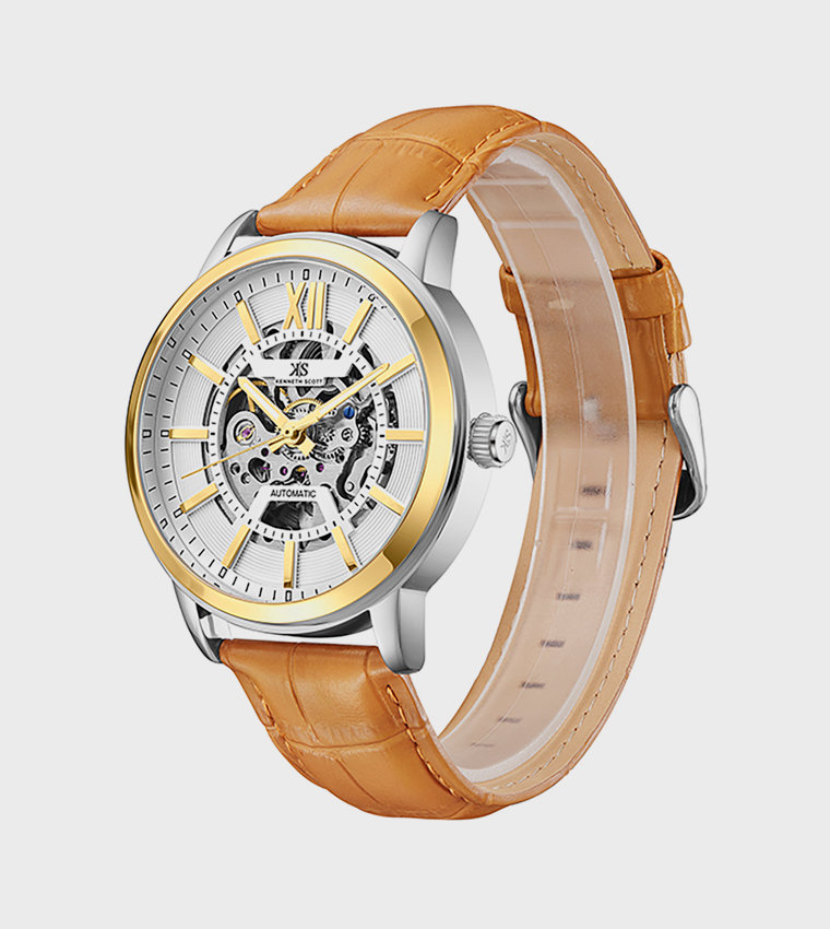 ساعة أوتوماتيكية بإطار أبيض وسوار جلدي