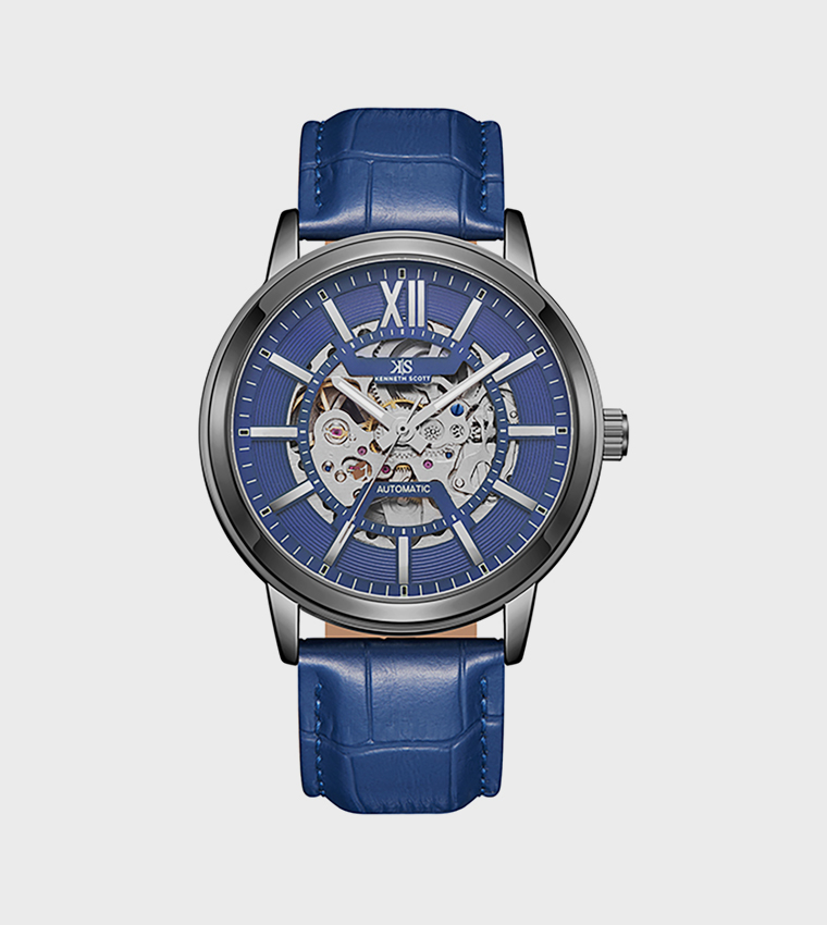 Blue Dial Leather Strap Automatic Watch