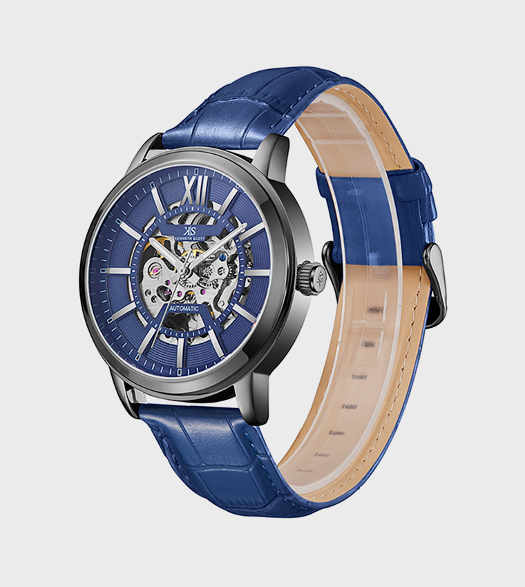 Blue Dial Leather Strap Automatic Watch