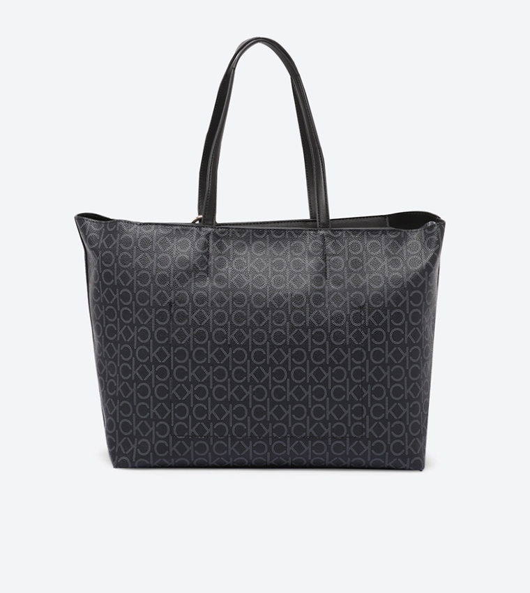 Buy Calvin Klein Monogram Detailed Zip Closure Two Grab Handle Tote Bag Black In Black 6thStreet Qatar