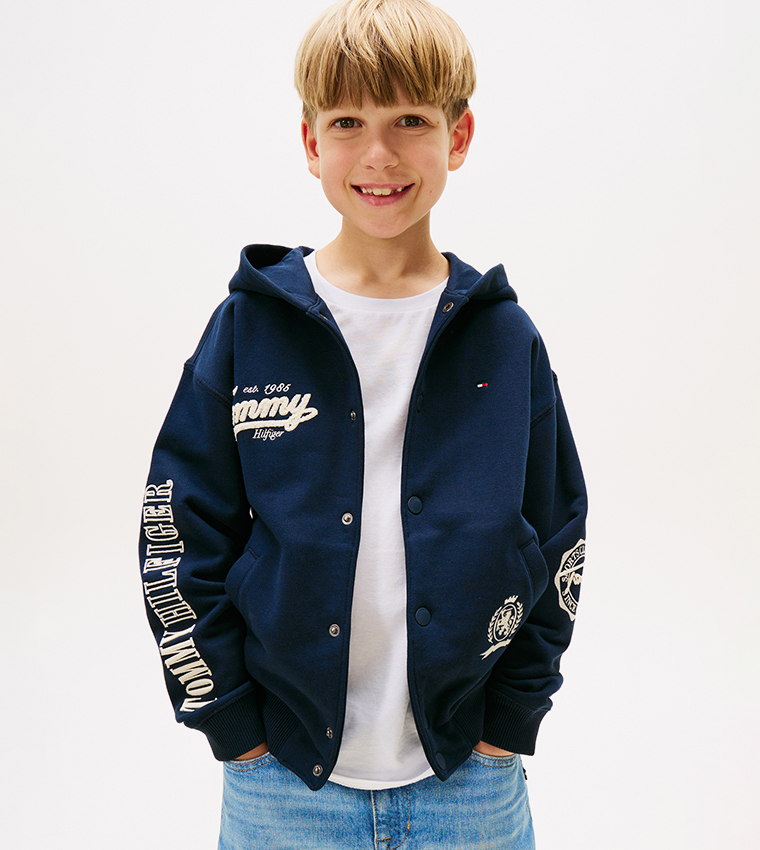Logo Printed Hooded Varsity Jacket
