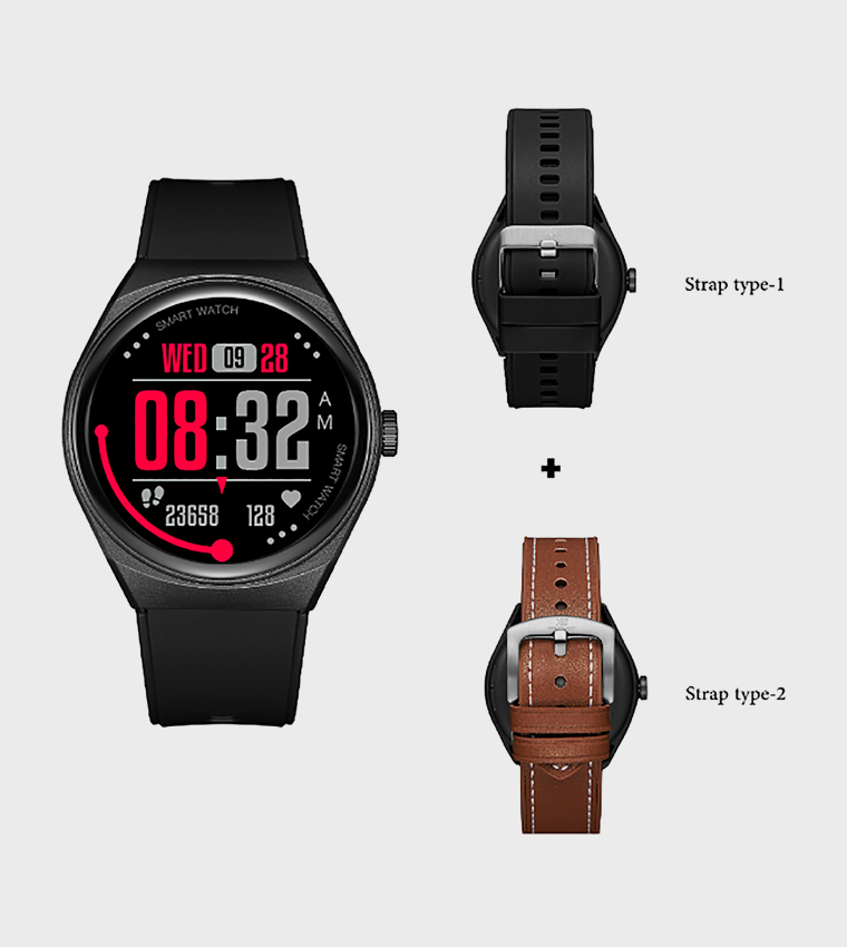 Round Black Dial Leather Strap Smart Watch
