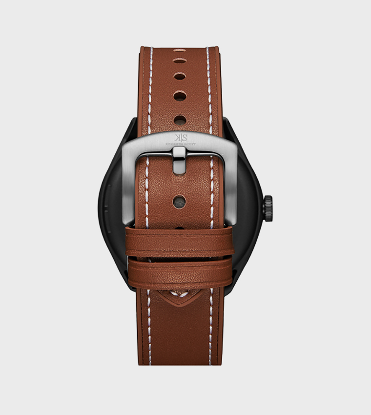 Round Black Dial Leather Strap Smart Watch