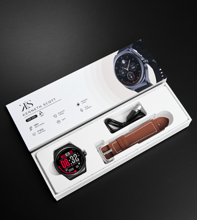 Round Black Dial Leather Strap Smart Watch