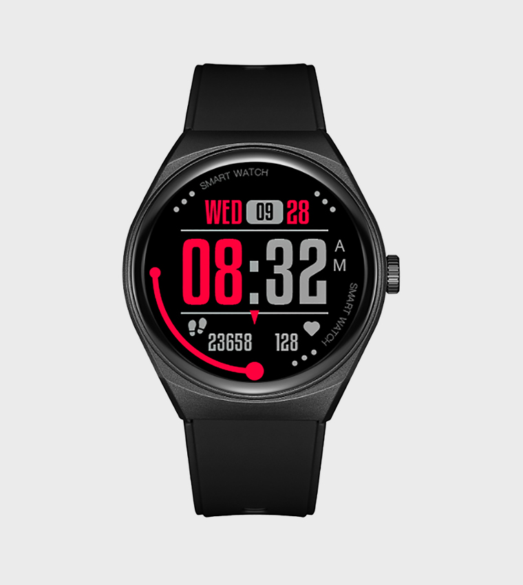 Round Black Dial Leather Strap Smart Watch