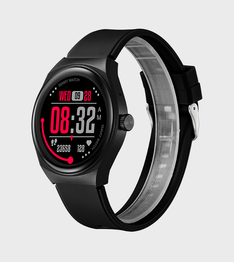 Round Black Dial Leather Strap Smart Watch