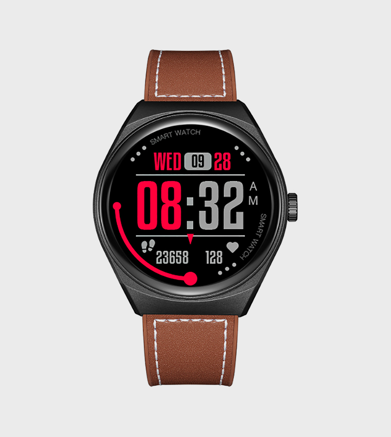 Round Black Dial Leather Strap Smart Watch