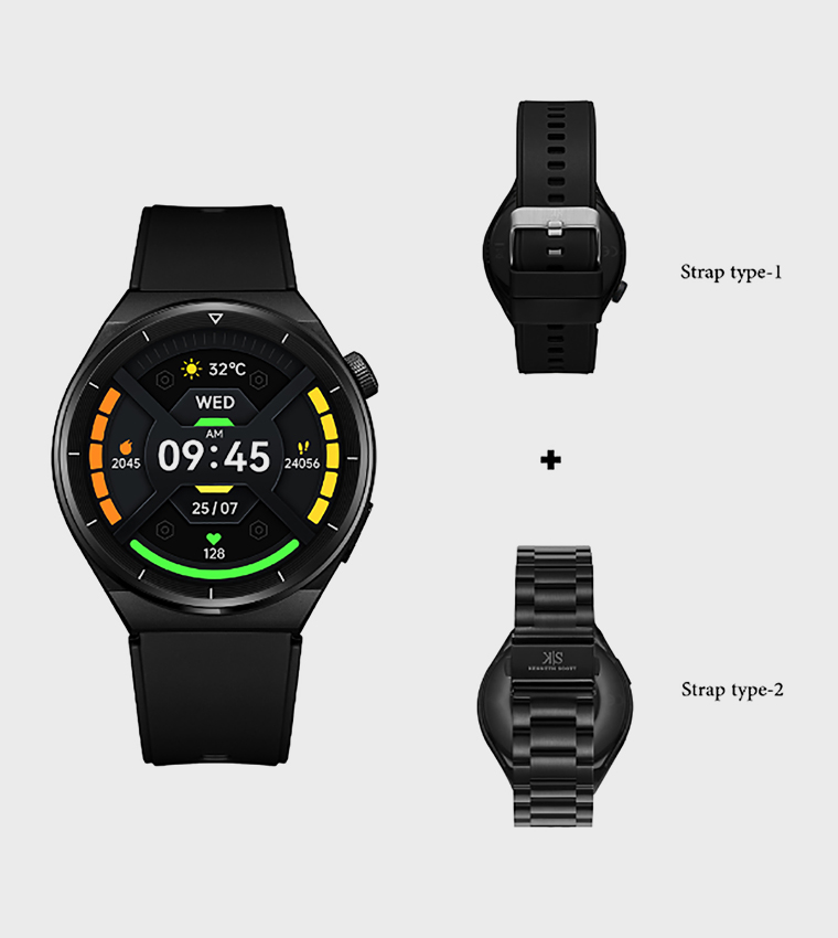 Round Black Dial Metal & Silicone Strap Smart Watch