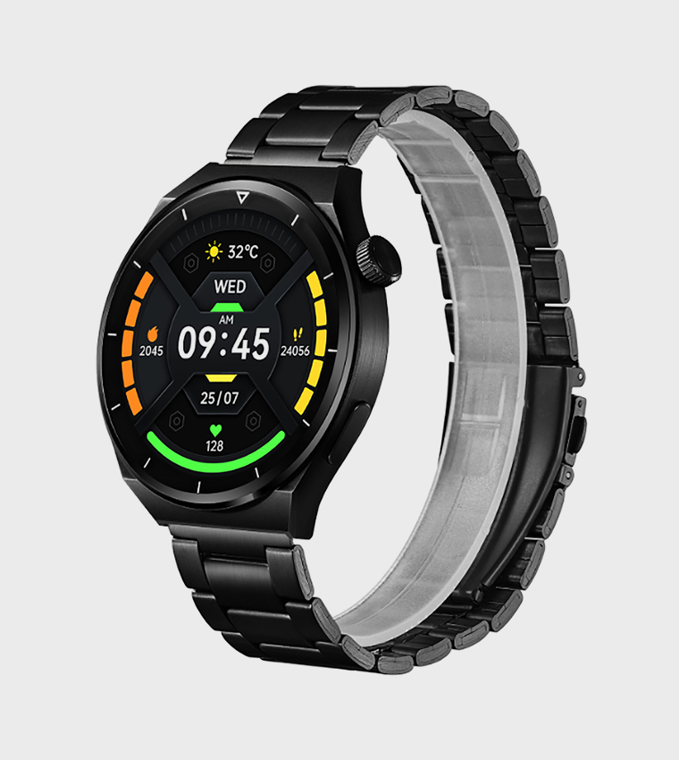 Round Black Dial Metal & Silicone Strap Smart Watch