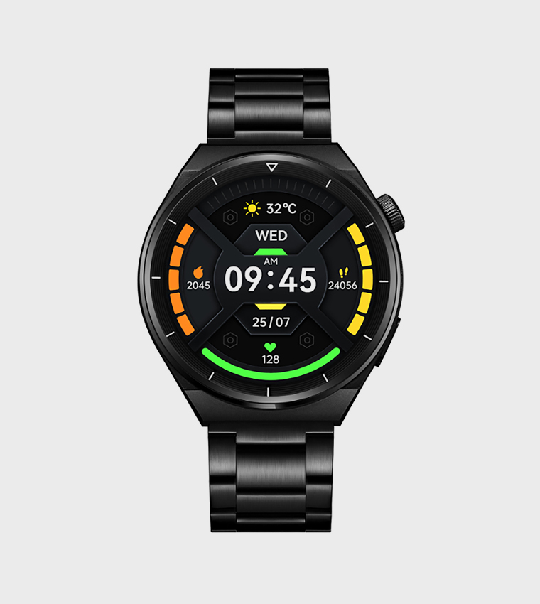 Round Black Dial Metal & Silicone Strap Smart Watch