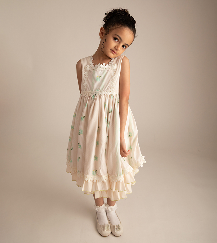 Floral Print Lace Trim Fit and Flare Dress
