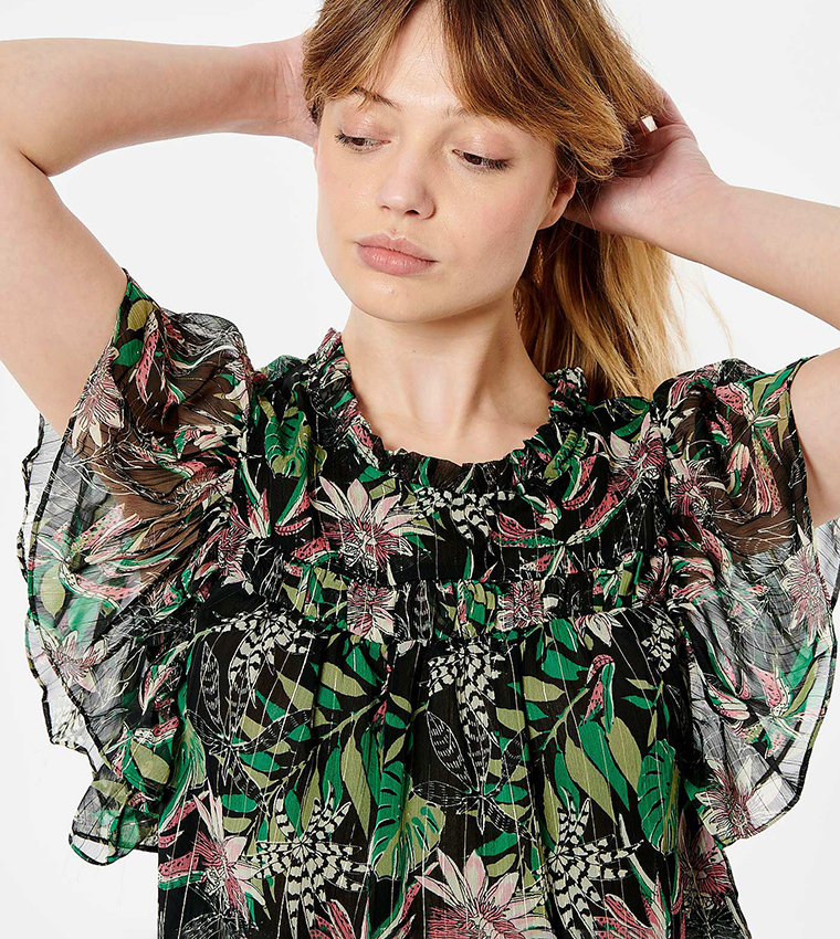 Floral Print Flutter Sleeves Top