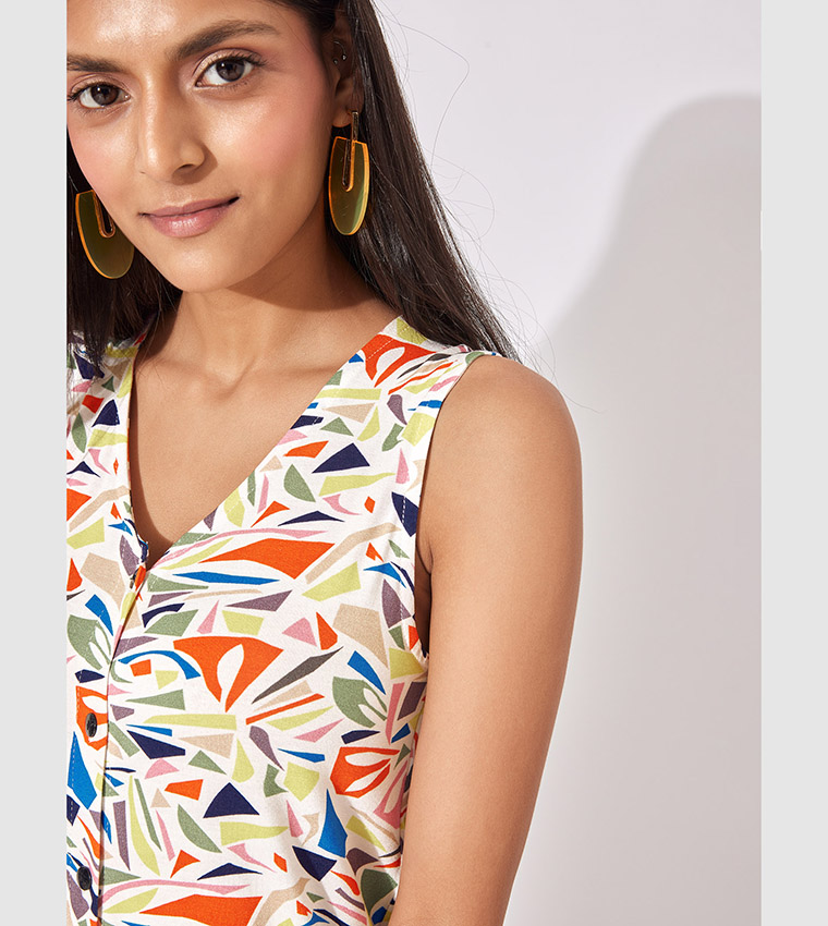 Terrazzo Print Buttoned Mini Dress