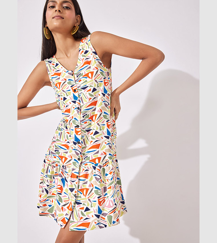 Terrazzo Print Buttoned Mini Dress