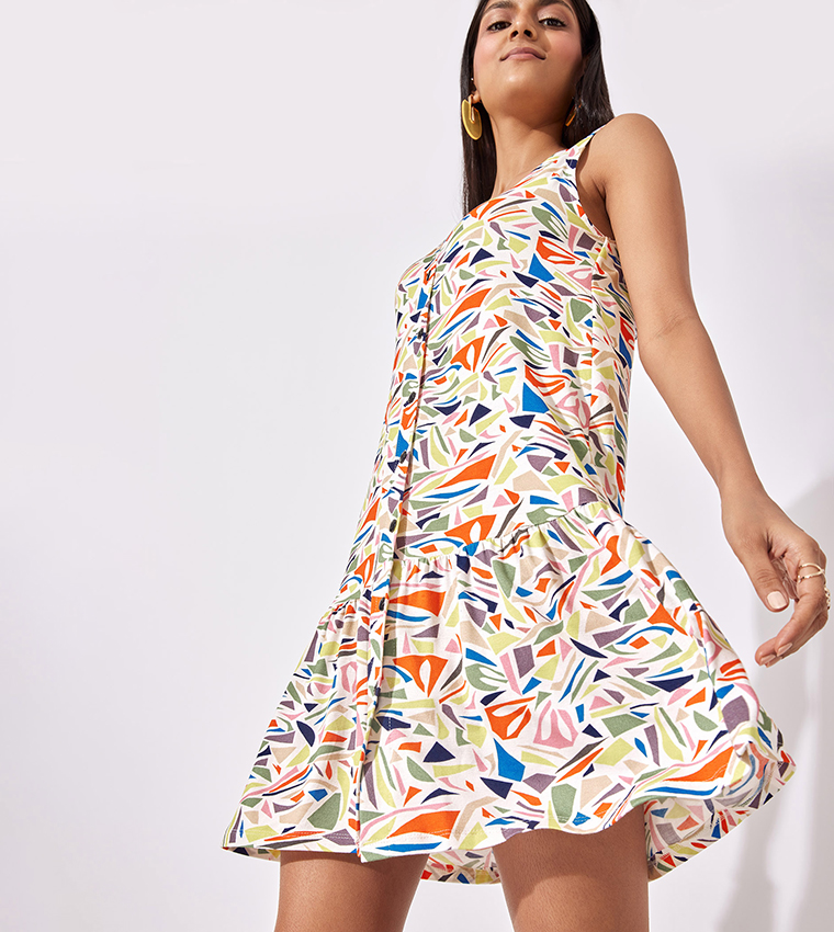 Terrazzo Print Buttoned Mini Dress