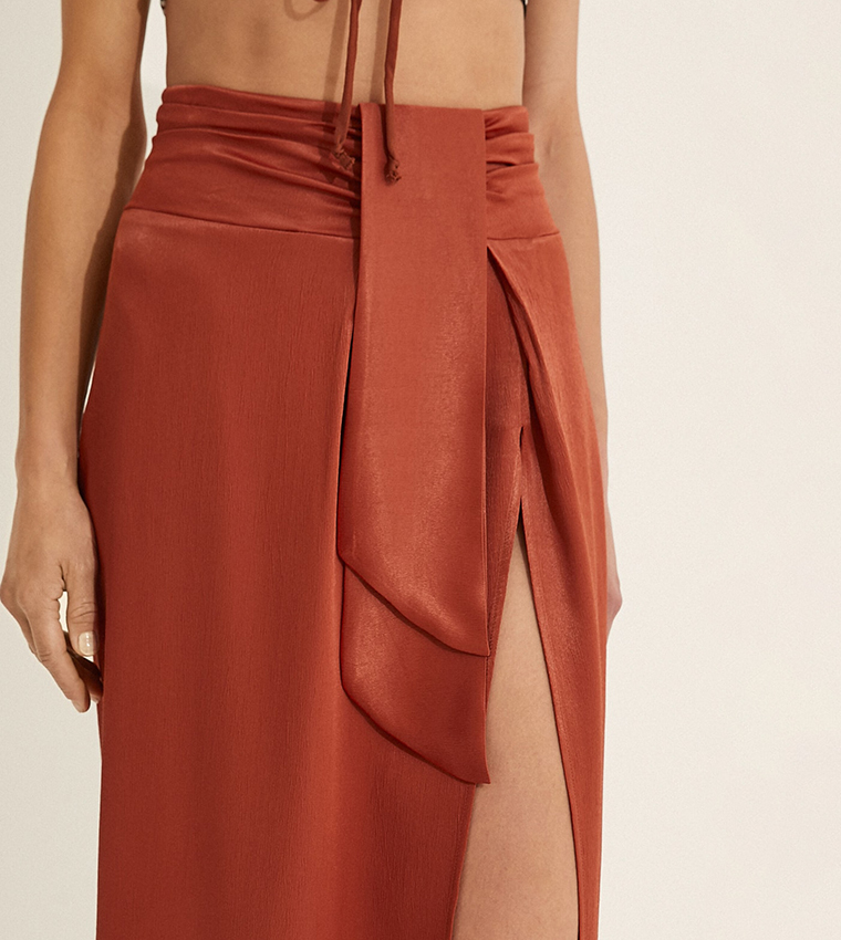 Solid Belted Midi Skirt