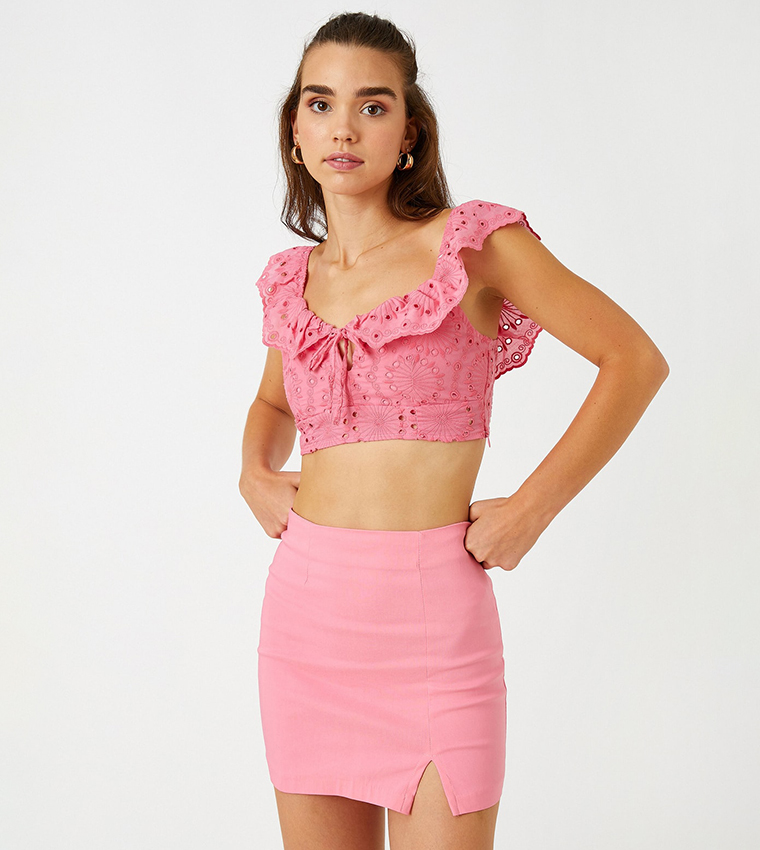 Buy Koton Schiffli Ruffle Neck Crop Top In Pink 6thStreet UAE