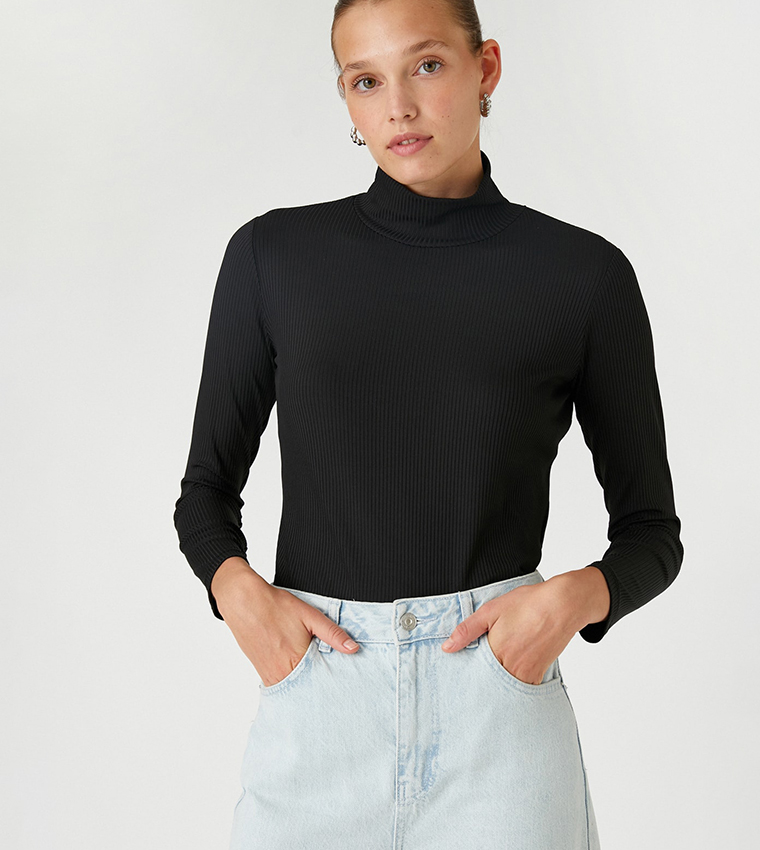 Compact Jersey Ribbed Turtle Neck Top