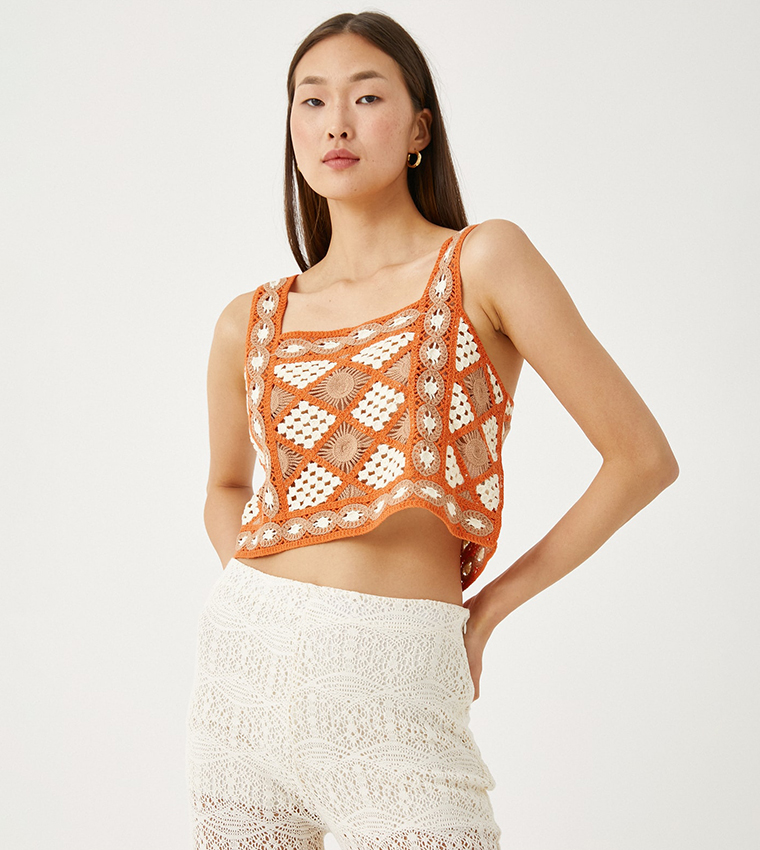 Buy Koton Crochet Square Neck Crop Top In Brown 6thStreet Kuwait