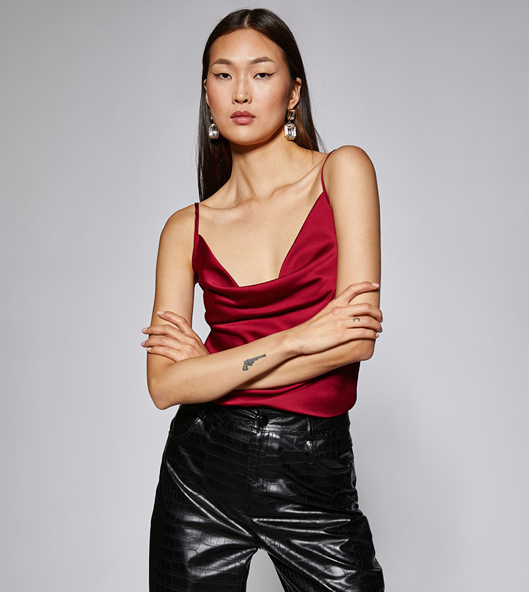 Buy Koton Cowl Neck Strappy Satin Top In Burgundy 6thStreet