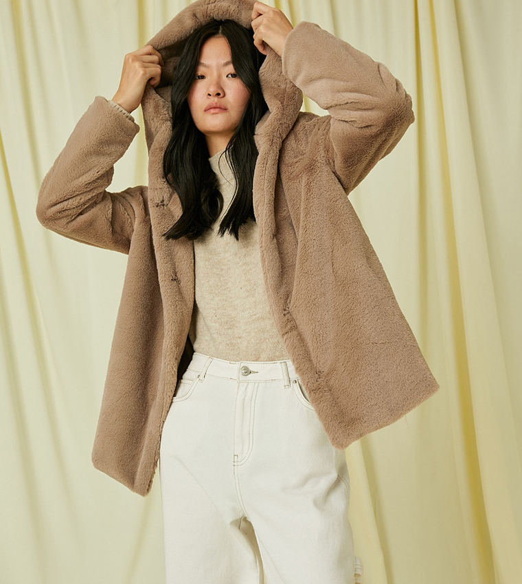 Buy Koton Hooded Oversized Plush Coat In Beige 6thStreet Saudi