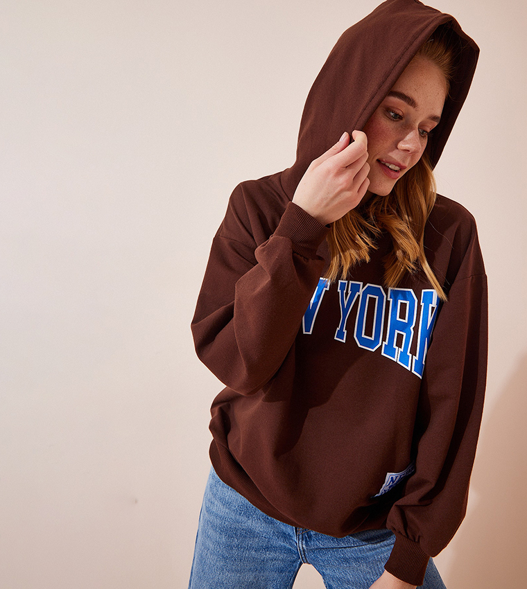 Buy Happiness İstanbul Print Knitted Sweatshirt With Hoodie In Brown