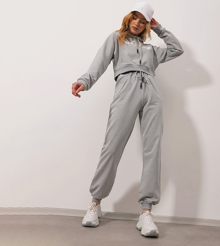 Buy Trend Alaçatı Stili Printed Hooded Kangaroo Pocket Tracksuit
