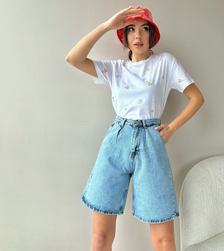 Buy Trend Alacat Stili High Waist Wide Leg Denim Shorts In Blue 6thStreet Qatar