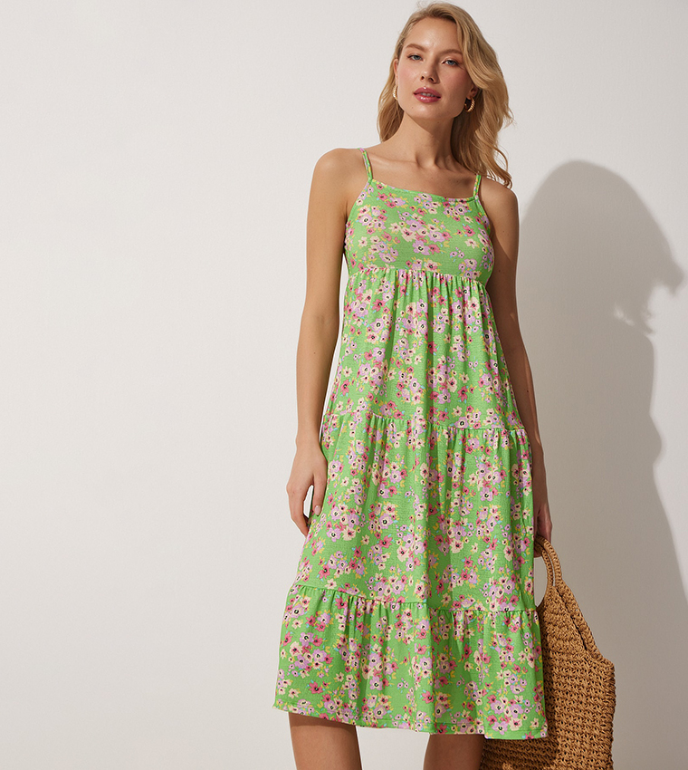 Buy Happiness İstanbul Floral Print Tiered Strappy Dress In Green