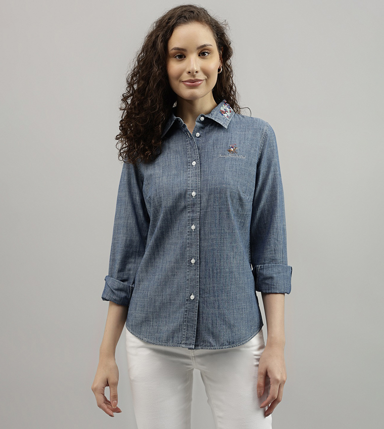 Buy Beverly Hills Polo Club Embroidered Collar Denim Shirt In Indigo 6thStreet Oman