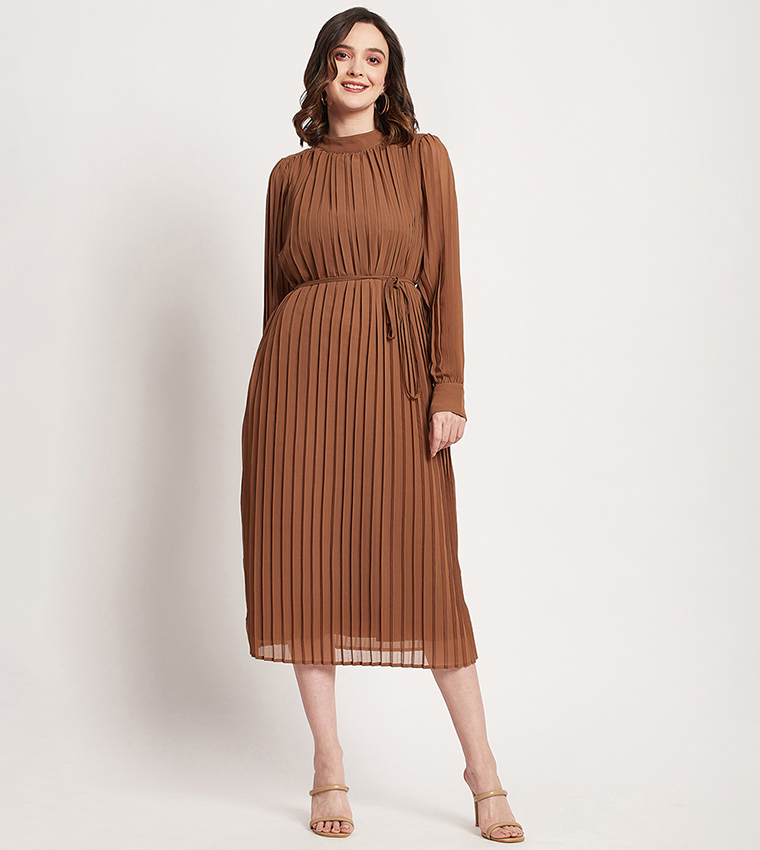 Mock Neck Belted Midi Dress