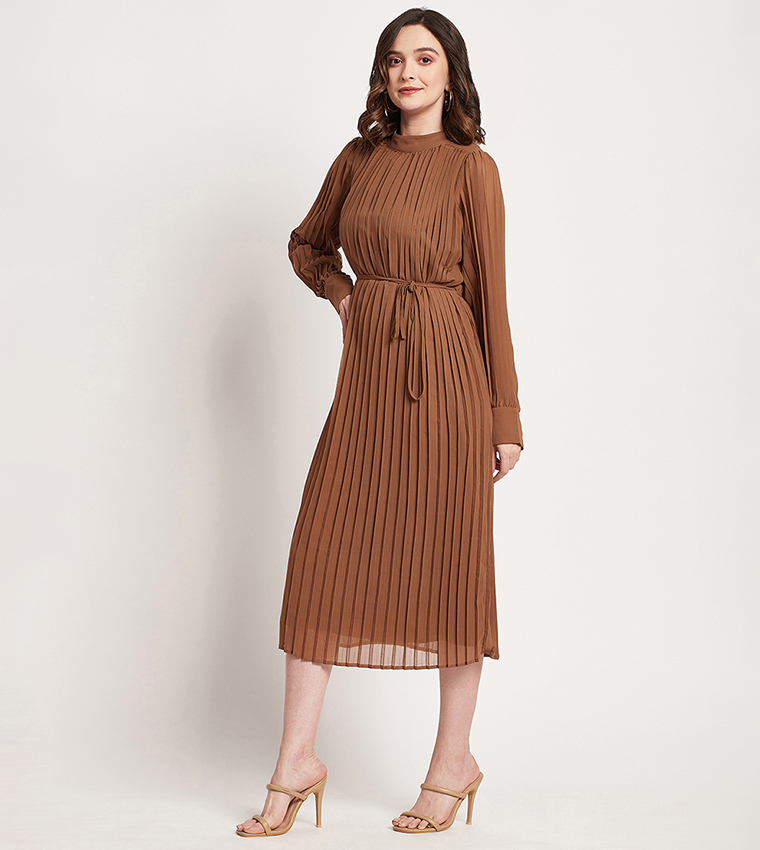 Mock Neck Belted Midi Dress