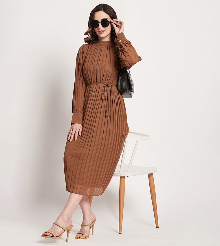 Mock Neck Belted Midi Dress