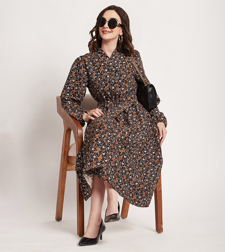 All-over print long sleeve midi dress, pretty floral crotchet print dinner party business event versatile stylish conservative dress