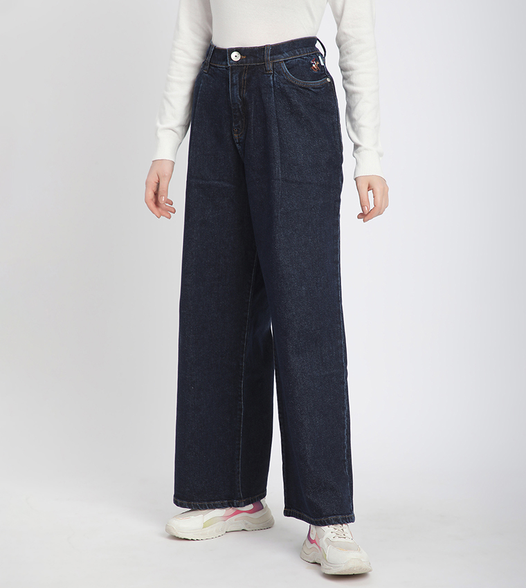 Washed Pleated Wide Leg Jeans