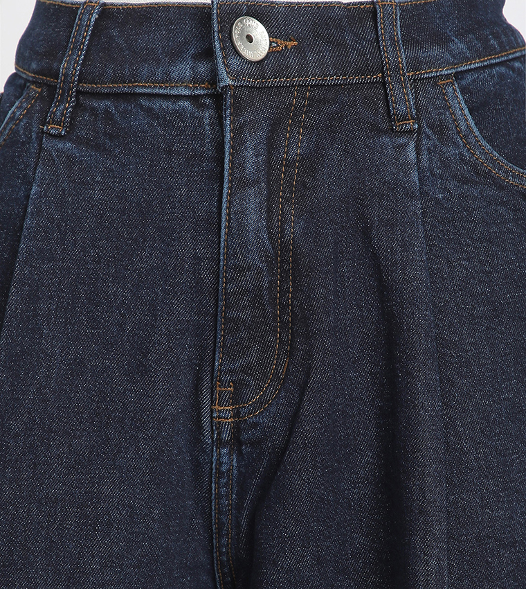 Washed Pleated Wide Leg Jeans